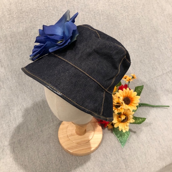 NWOT - Black Denim Bucket Hat with Blue Silk Flower Adornment - Picture 2 of 16